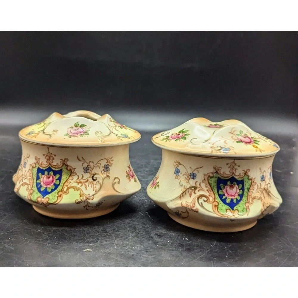 Set/2 Vintage CROWN DUCAL WARE Covered Dresser Box Hair Receiver Verona Rose